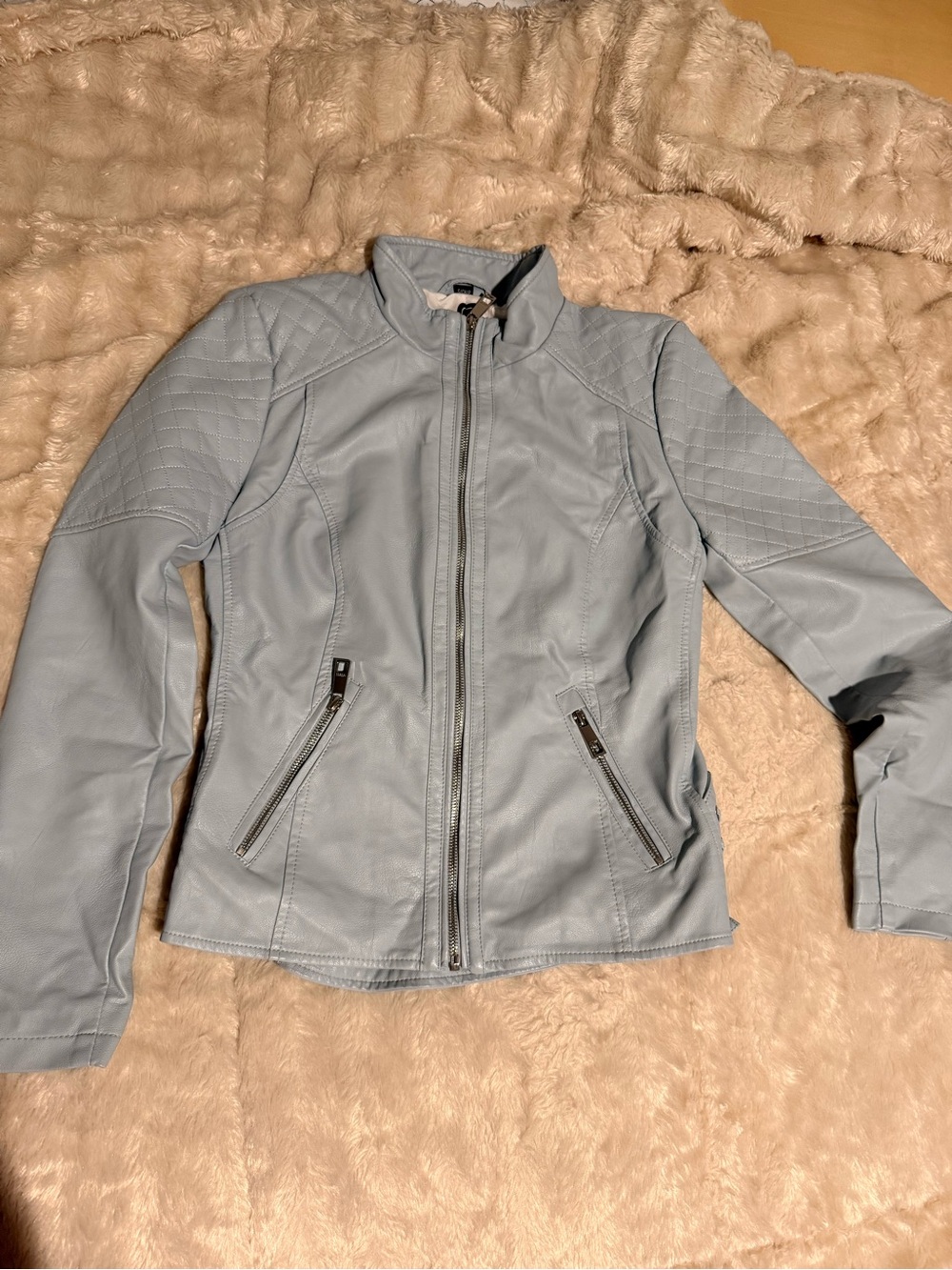 Guess Light Blue Women's Faux Leather Jacket - Modern Zip Front Size S